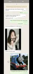 Scambaiting chat where a person in a white lace shirt is pranked with a photo of Thomas the Tank Engine