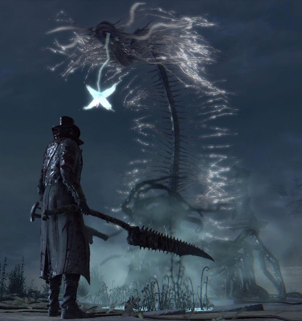 Bloodborne concept art of a slender character in a long grey coat and top hat facing a bioluminescent creature