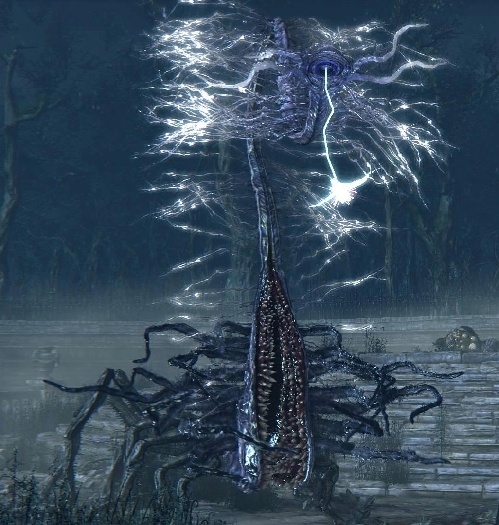 Bloodborne concept art of a slender character in a long grey coat and top hat facing a bioluminescent creature