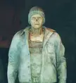 Lucky Lou as a pale, slender horror monster in a grey beanie, light blue jacket, and beige overalls