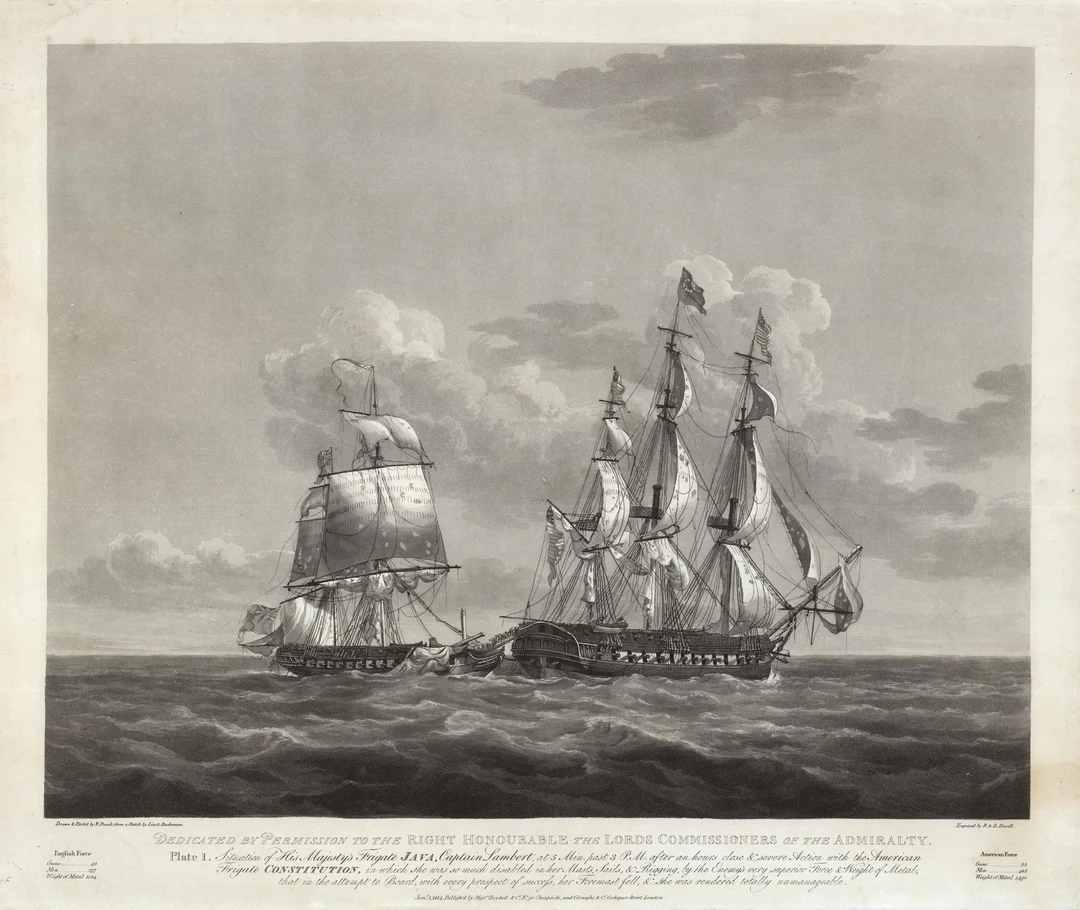 The capture of HMS Java by USS Constitution, by Nicholas Pocock (1814 ...