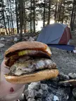 Burgers (and burns) from the Blackstone while camping in the High Sierra.