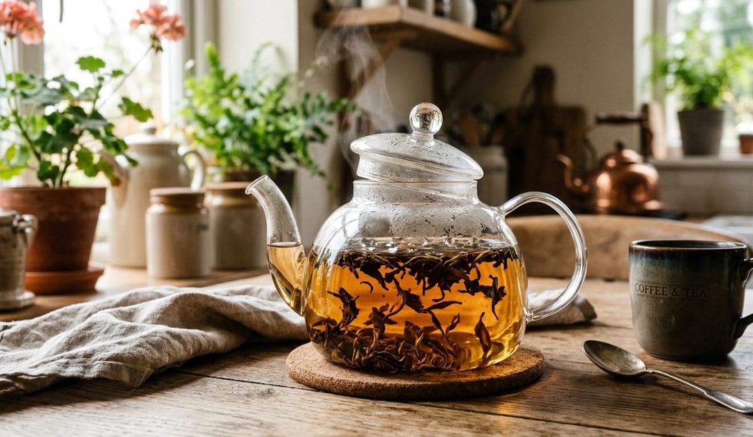 Aesthetic tea setup with a glass teapot, tea leaves, mug, and spoon on a wooden table in a rustic kitchen