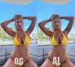 Busty blonde woman in a yellow string bikini on a balcony, side-by-side OG and AI faceswap comparison.
