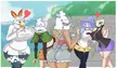Five anthropomorphic female Pokemon monster girls with curvy figures posing outdoors in revealing clothing.