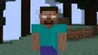 Cursed Minecraft character with white eyes, teal shirt, and purple pants in a blocky forest