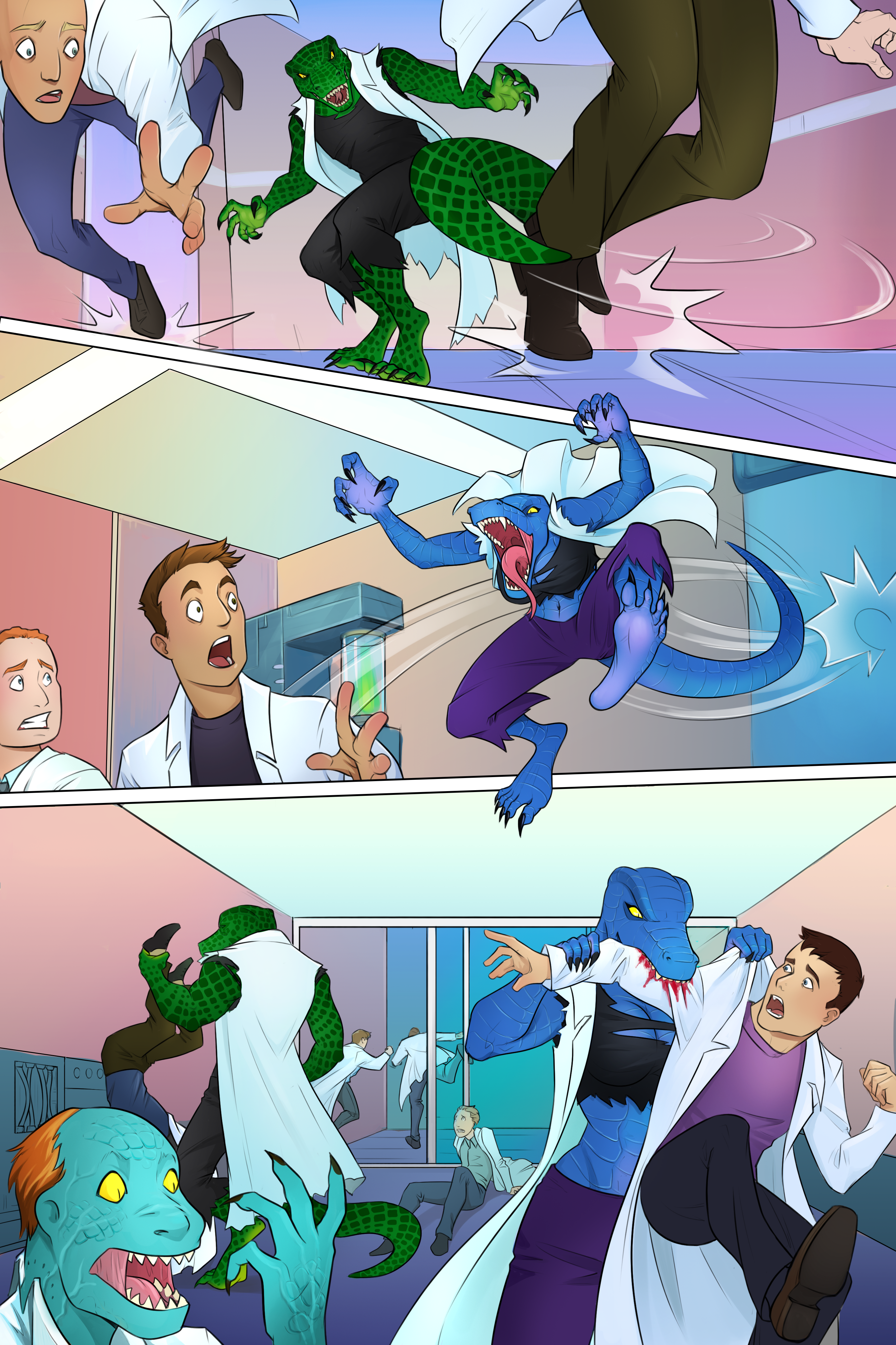 New page of my fancomic "Lizard Kingdom" now we see the pair infecting everyone in the building, what do you think?(Artist: Marra)