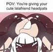 Anime POV of a curvy dark-skinned woman with long white hair and pointy ears receiving headpats
