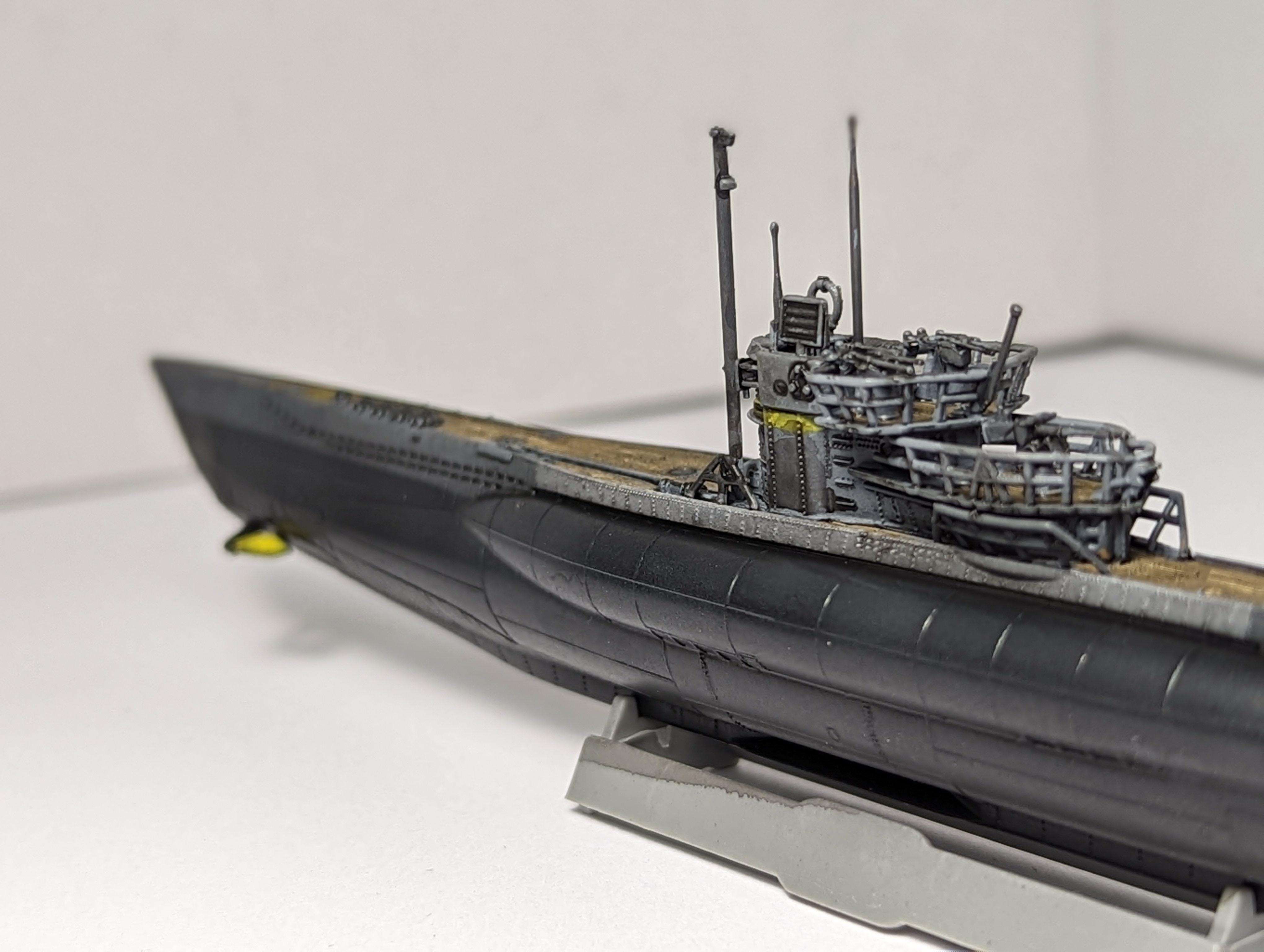 1/350 U-boat type VII C-41 model submarine on a display stand, shown from multiple angles against a white background