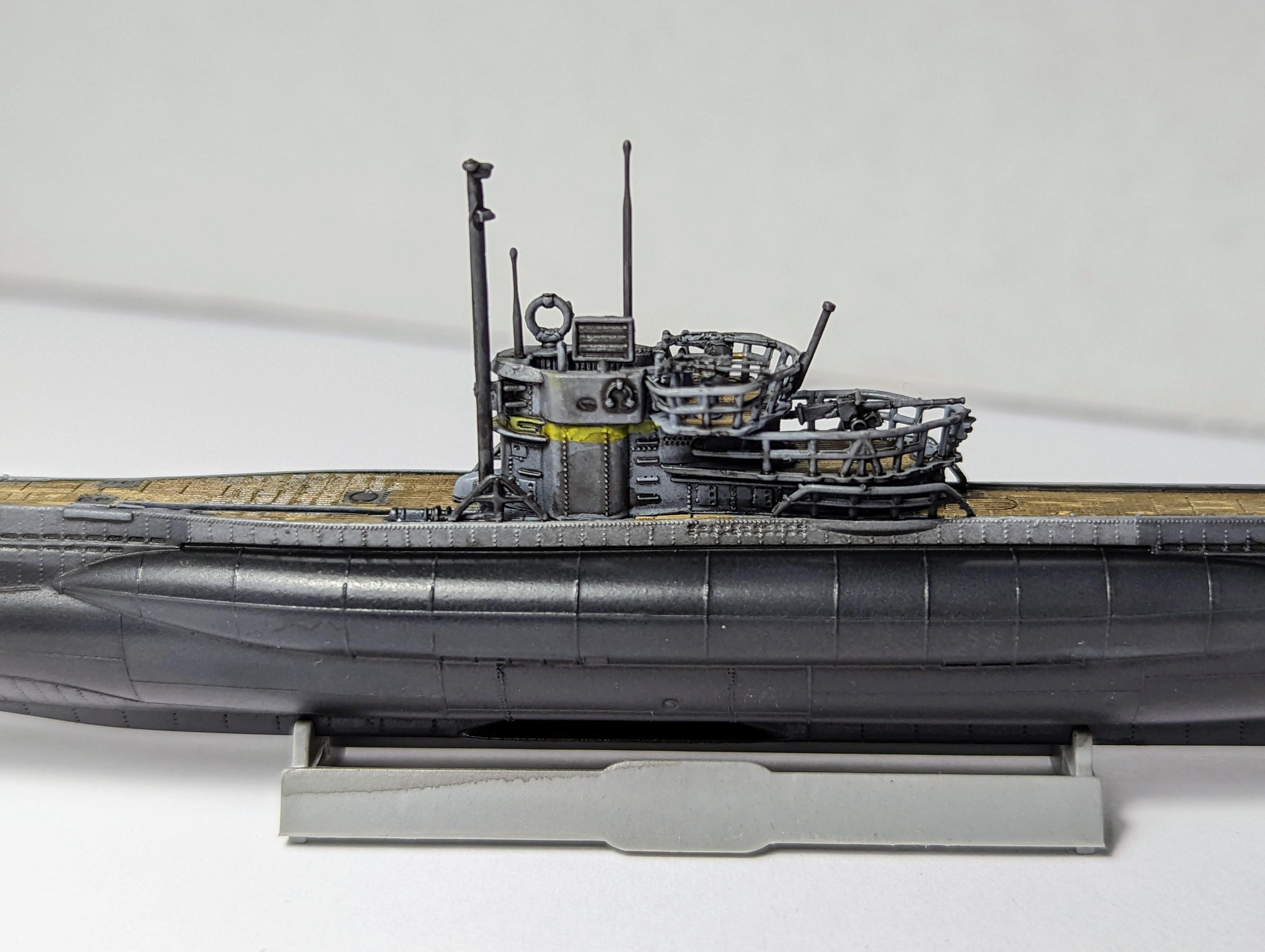 1/350 U-boat type VII C-41 model submarine on a display stand, shown from multiple angles against a white background