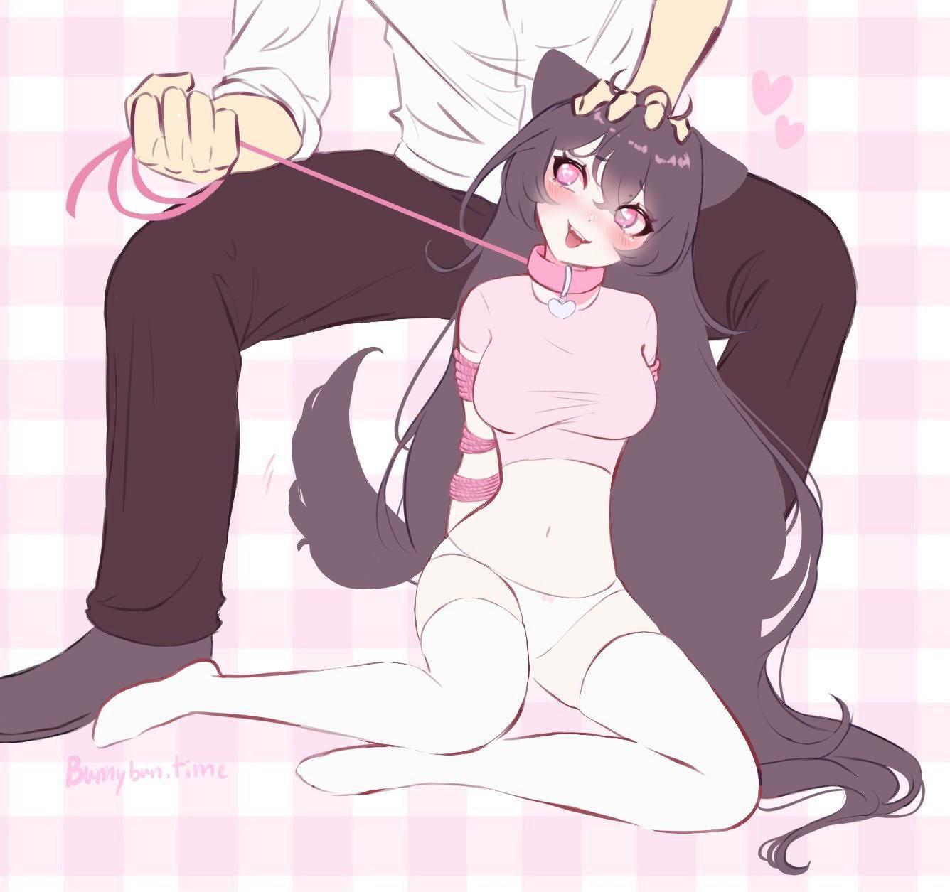 Anime and digital art of Asian and white women in BDSM, bondage, and pet play scenarios with collars and sheer clothing.