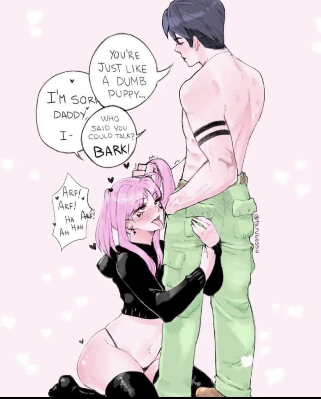 Anime and digital art of Asian and white women in BDSM, bondage, and pet play scenarios with collars and sheer clothing.