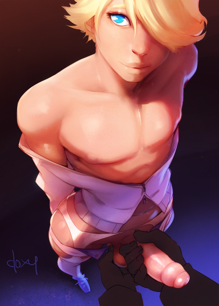 Hentai art of a muscular blonde man and various busty ebony, asian, and white women in lingerie and revealing clothing.