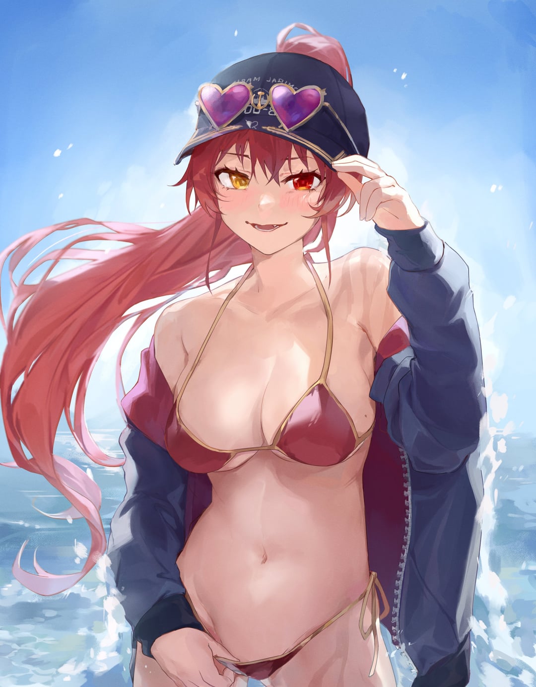 Houshou Marine in a red bikini and blue jacket, wearing a black cap with heart sunglasses at the beach.