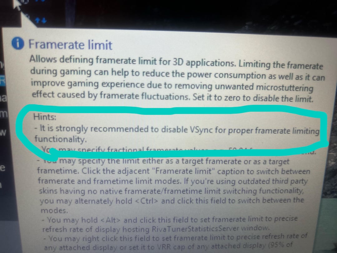 RTSS framerate limit settings menu on a computer screen for pc gaming setups