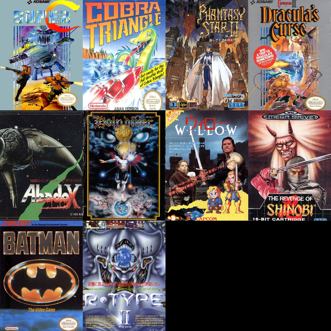 Retro games showcase featuring vintage video game cover art for titles like Warcraft, Castlevania, and Batman DC comics art.