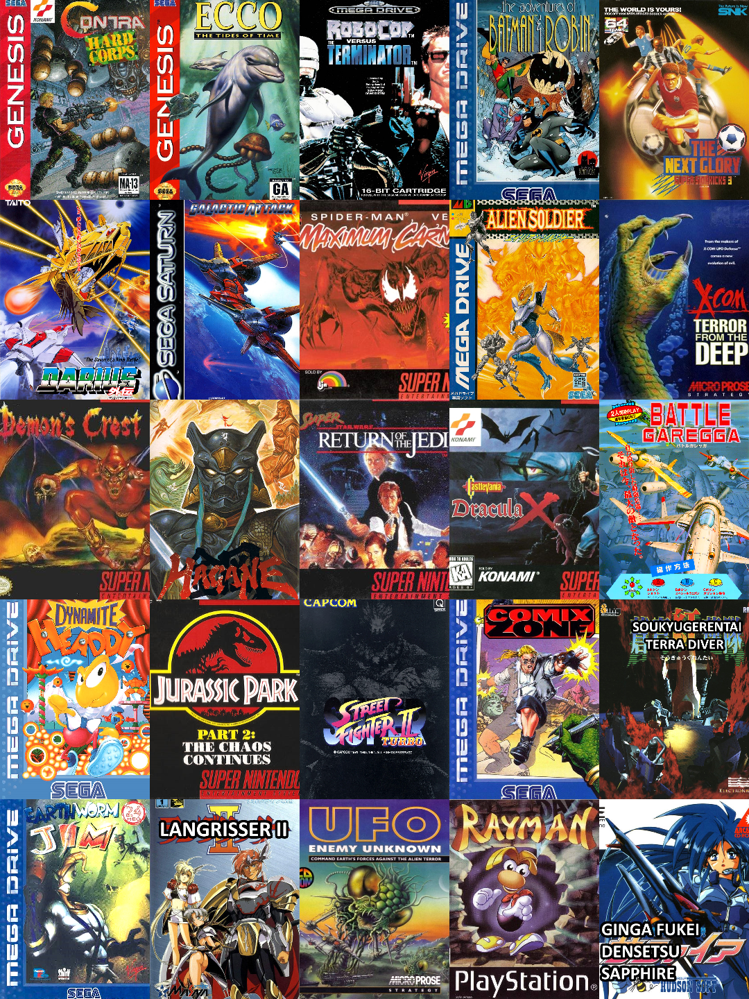 Retro games showcase featuring vintage video game cover art for titles like Warcraft, Castlevania, and Batman DC comics art.