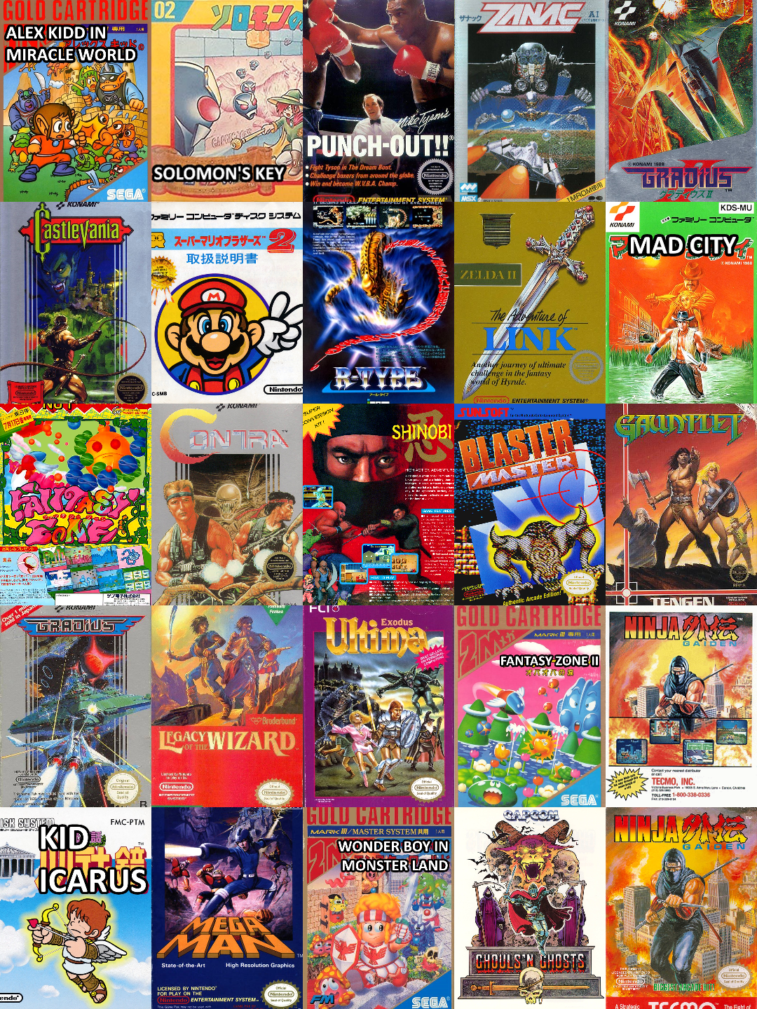 Retro games showcase featuring vintage video game cover art for titles like Warcraft, Castlevania, and Batman DC comics art.
