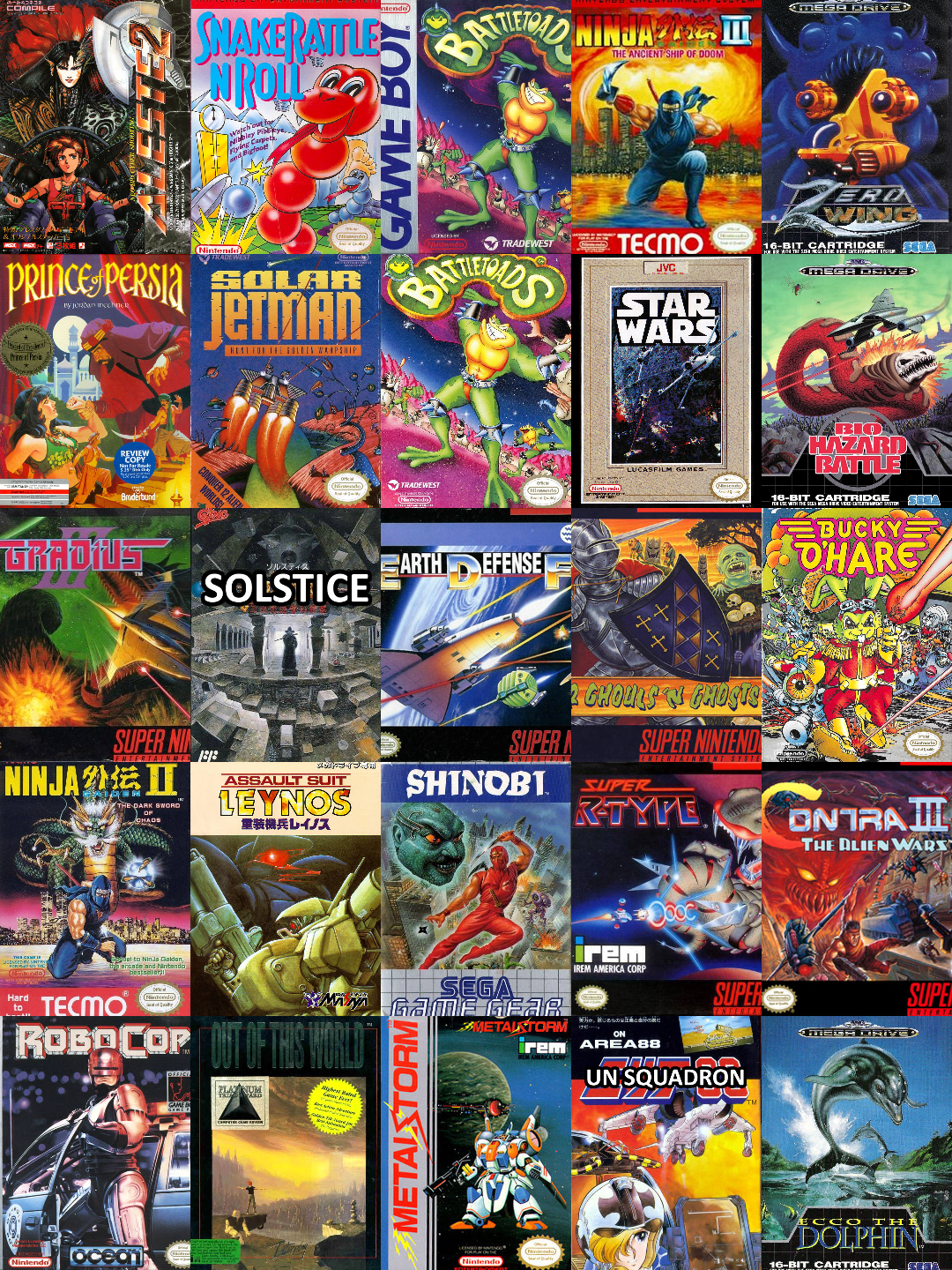 Retro games showcase featuring vintage video game cover art for titles like Warcraft, Castlevania, and Batman DC comics art.