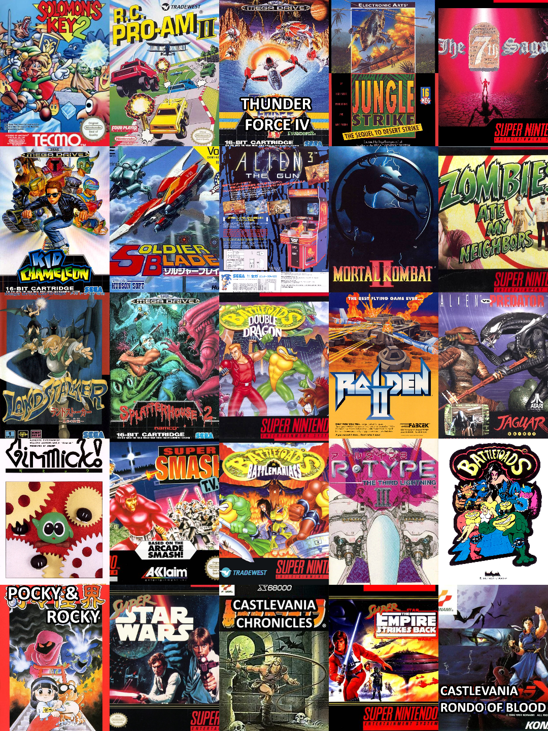 Retro games showcase featuring vintage video game cover art for titles like Warcraft, Castlevania, and Batman DC comics art.