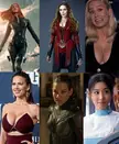 MCU characters including Scarlet Witch in red clothing, black catsuits, and various costumes