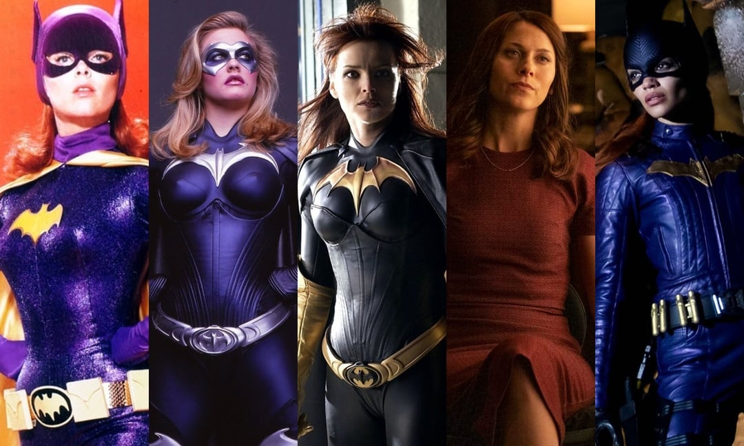 Female DC Comics characters in superhero and villain costumes, including a red bodysuit and a clown outfit.