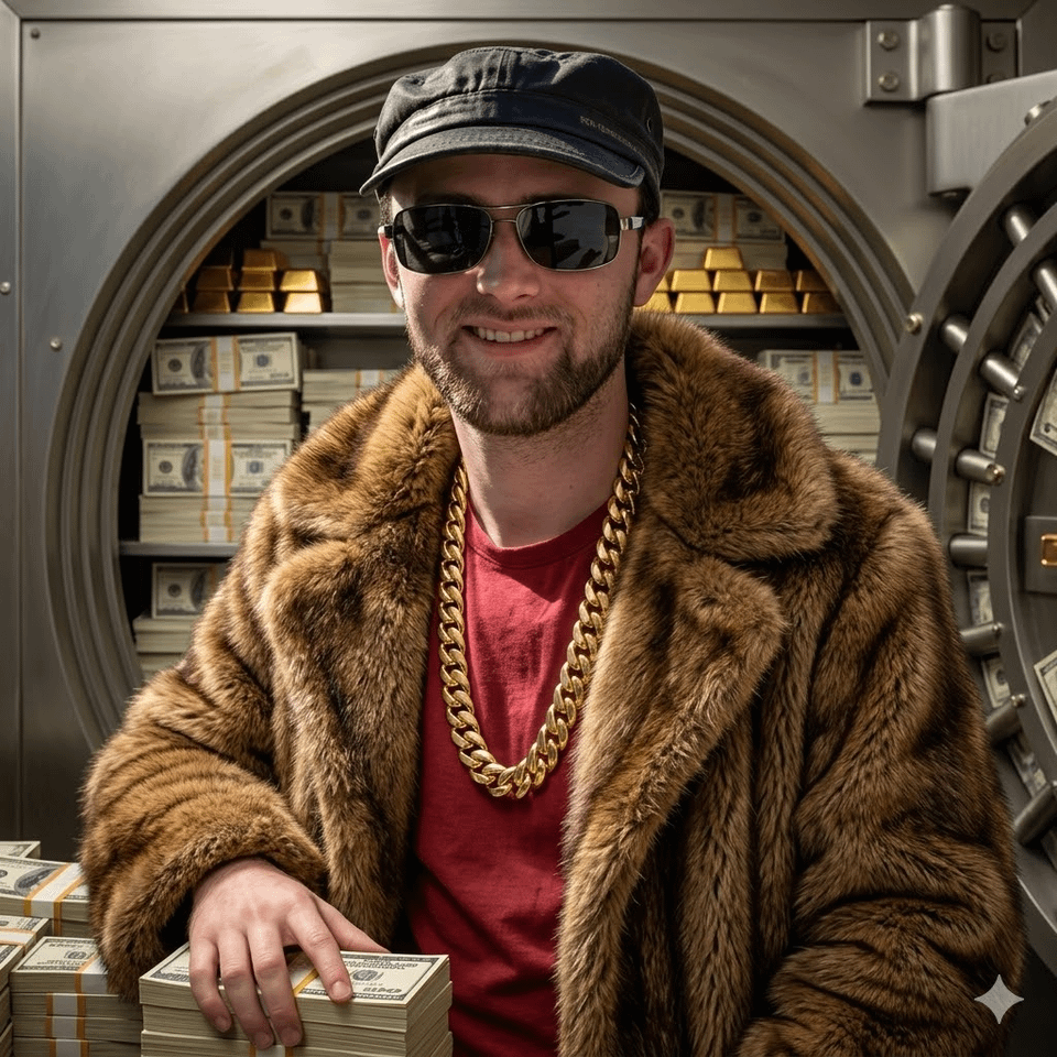 Colin Sanders in a brown fur coat and gold chain posing in a bank vault with gold bars and stacked cash