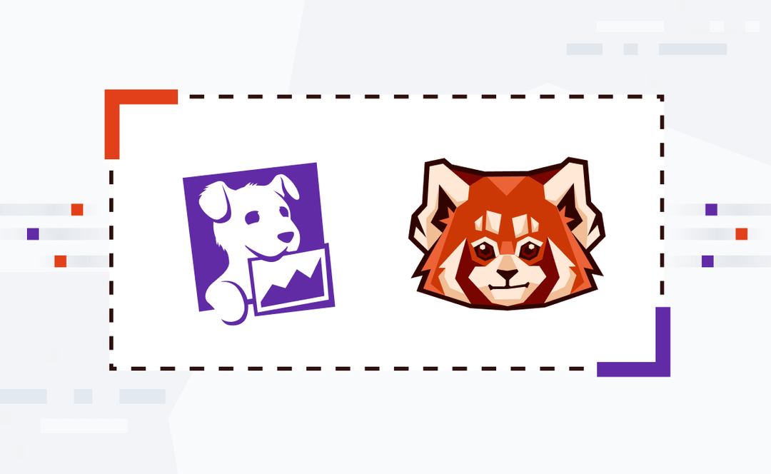 Redpanda and Datadog logos featuring a red panda head and a white dog on a purple background