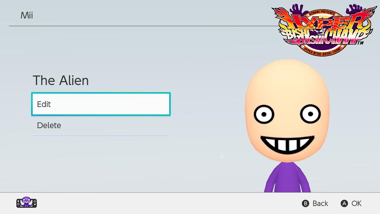The Alien Mii I made in Hyper Bishi Bashi Champ is an Original Konami for Switch