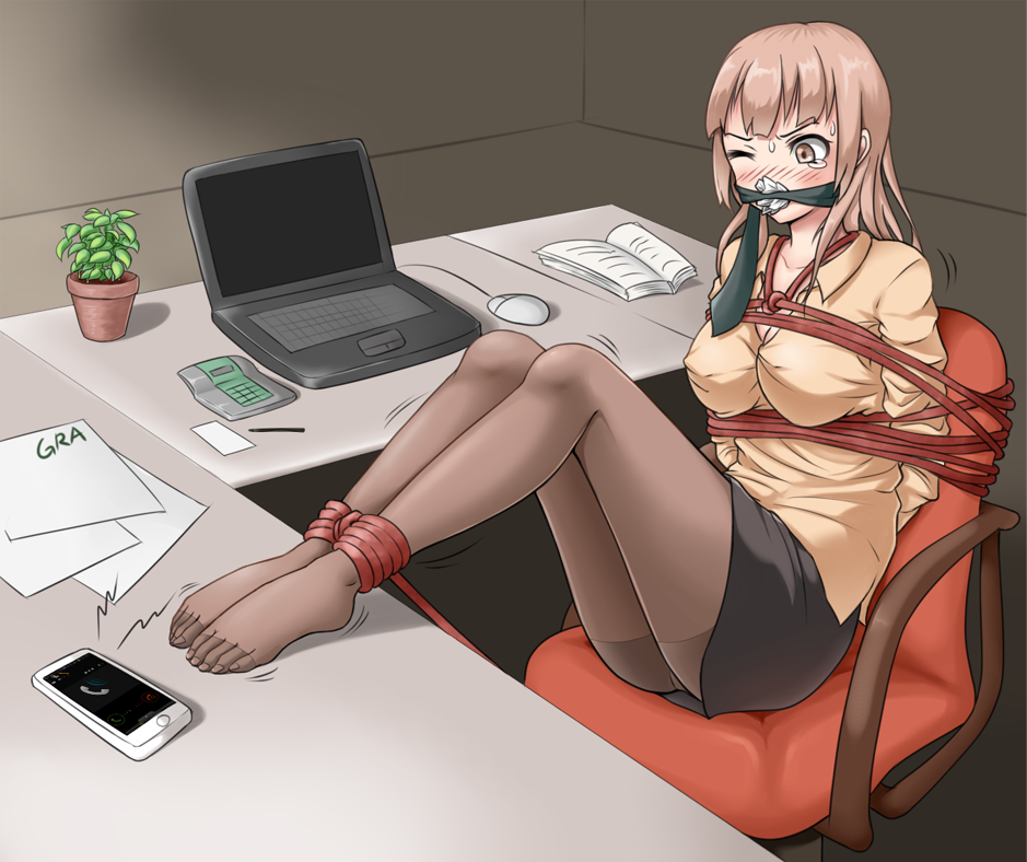 Anime bondage and shibari featuring women in office wear and tribal outfits, gagged and tied up.