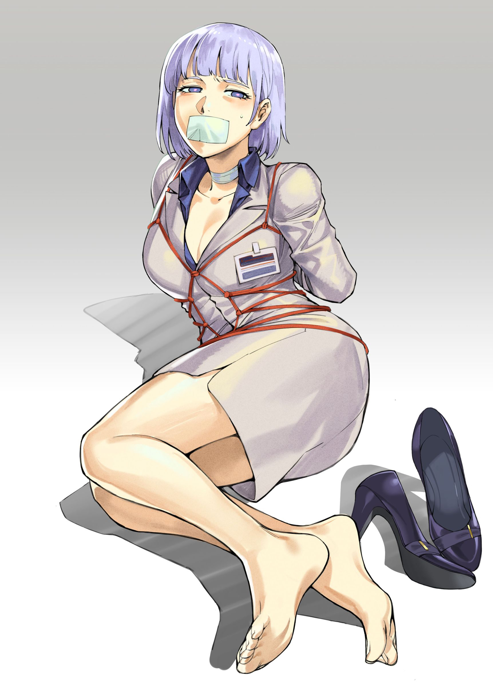 Anime bondage and shibari featuring women in office wear and tribal outfits, gagged and tied up.