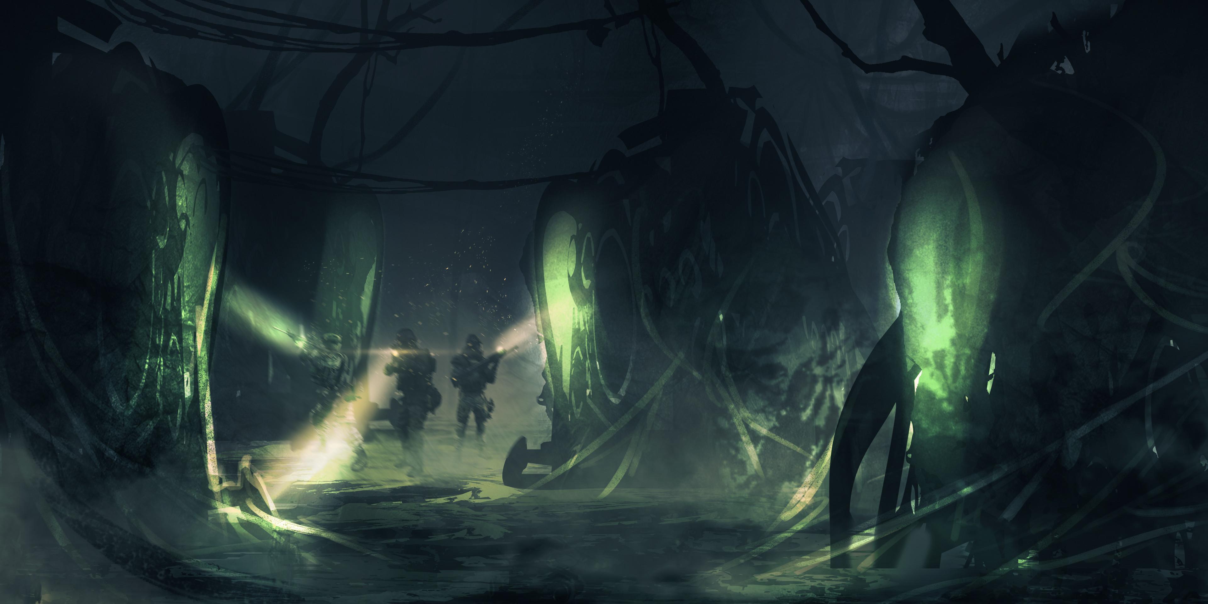 Fantasy and sci-fi concept art of muscular men in spiked armor, leather gear, and golden robes, monsters, and dragons.