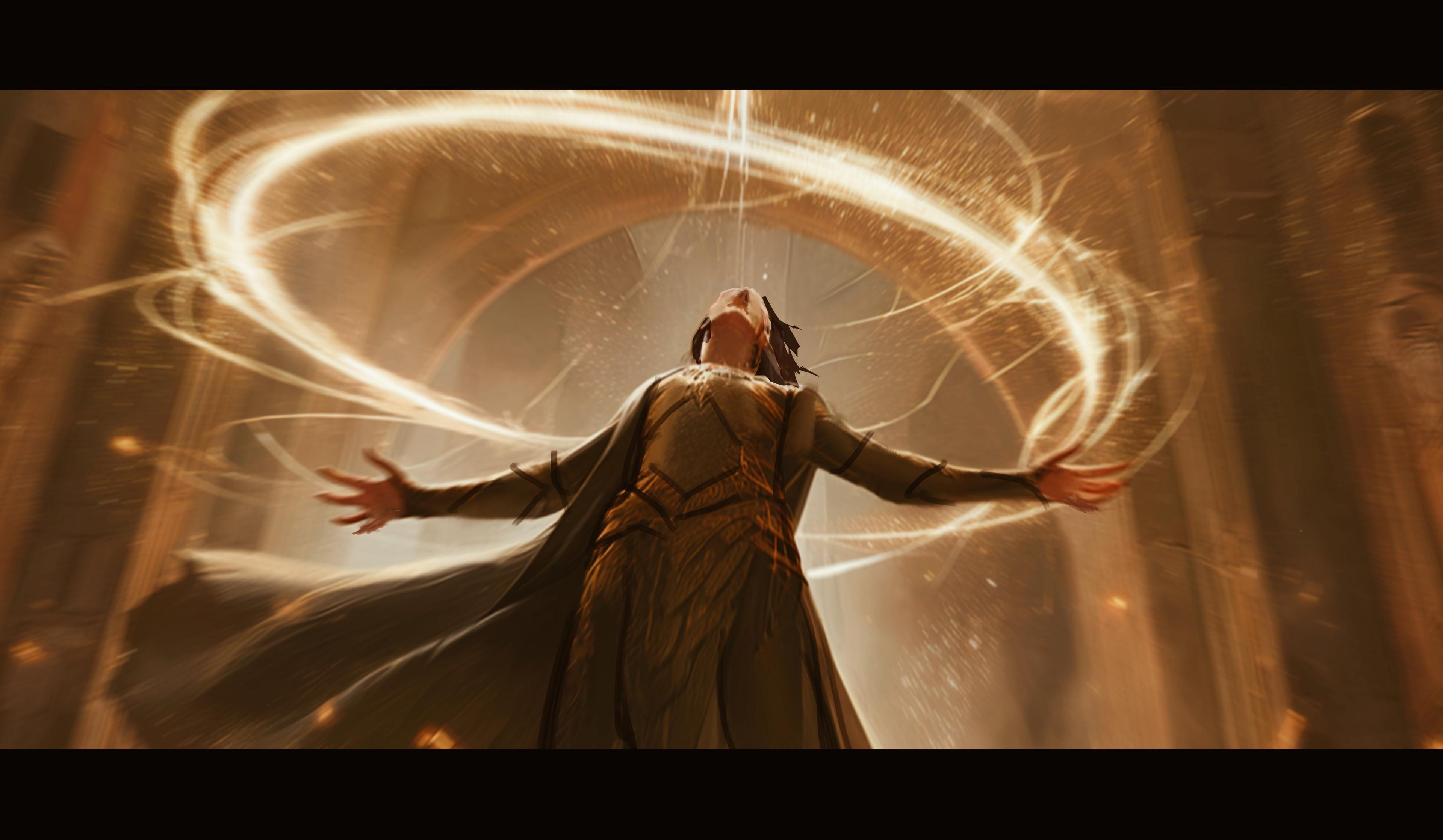 Fantasy and sci-fi concept art of muscular men in spiked armor, leather gear, and golden robes, monsters, and dragons.