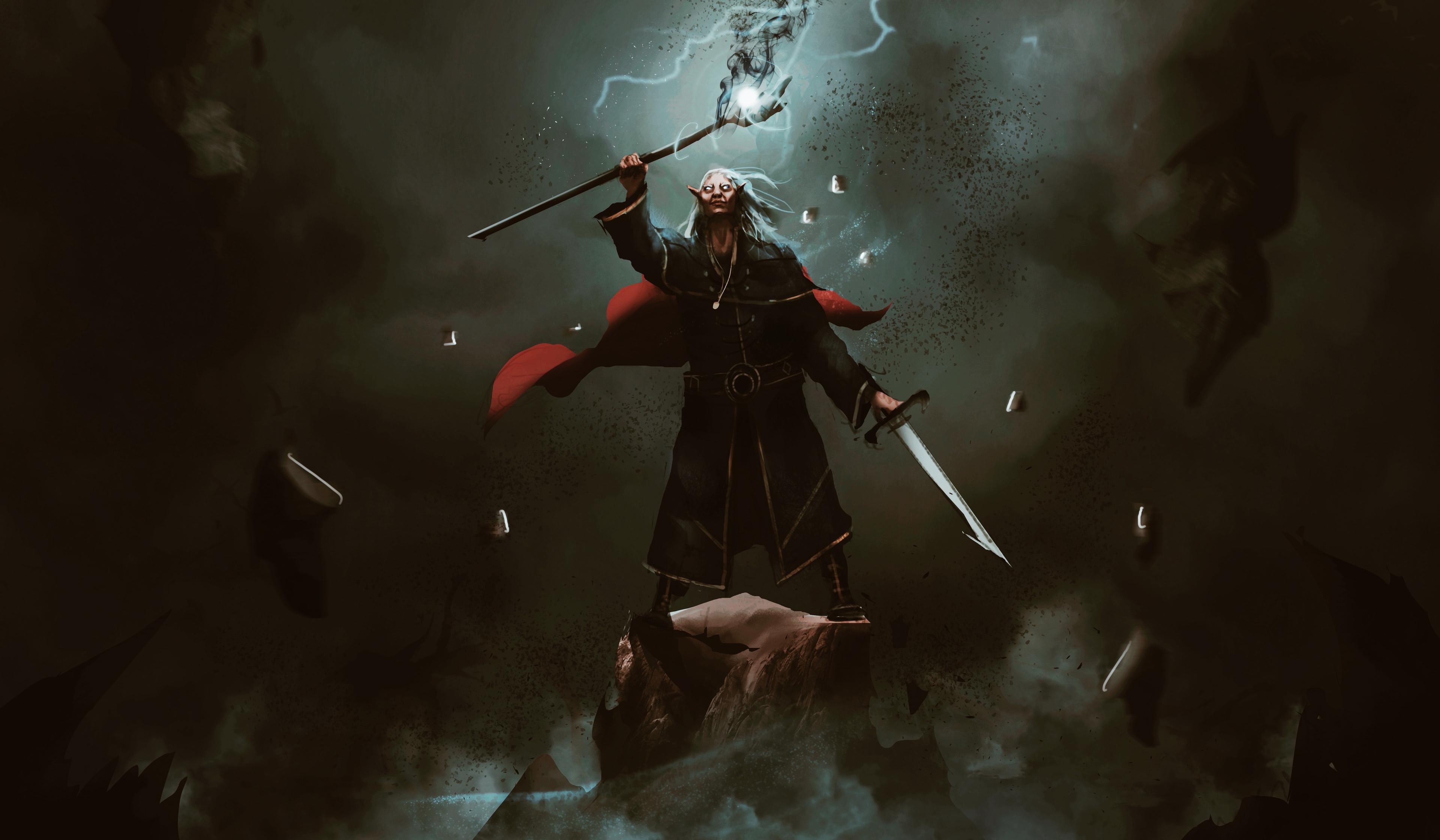 Fantasy and sci-fi concept art of muscular men in spiked armor, leather gear, and golden robes, monsters, and dragons.