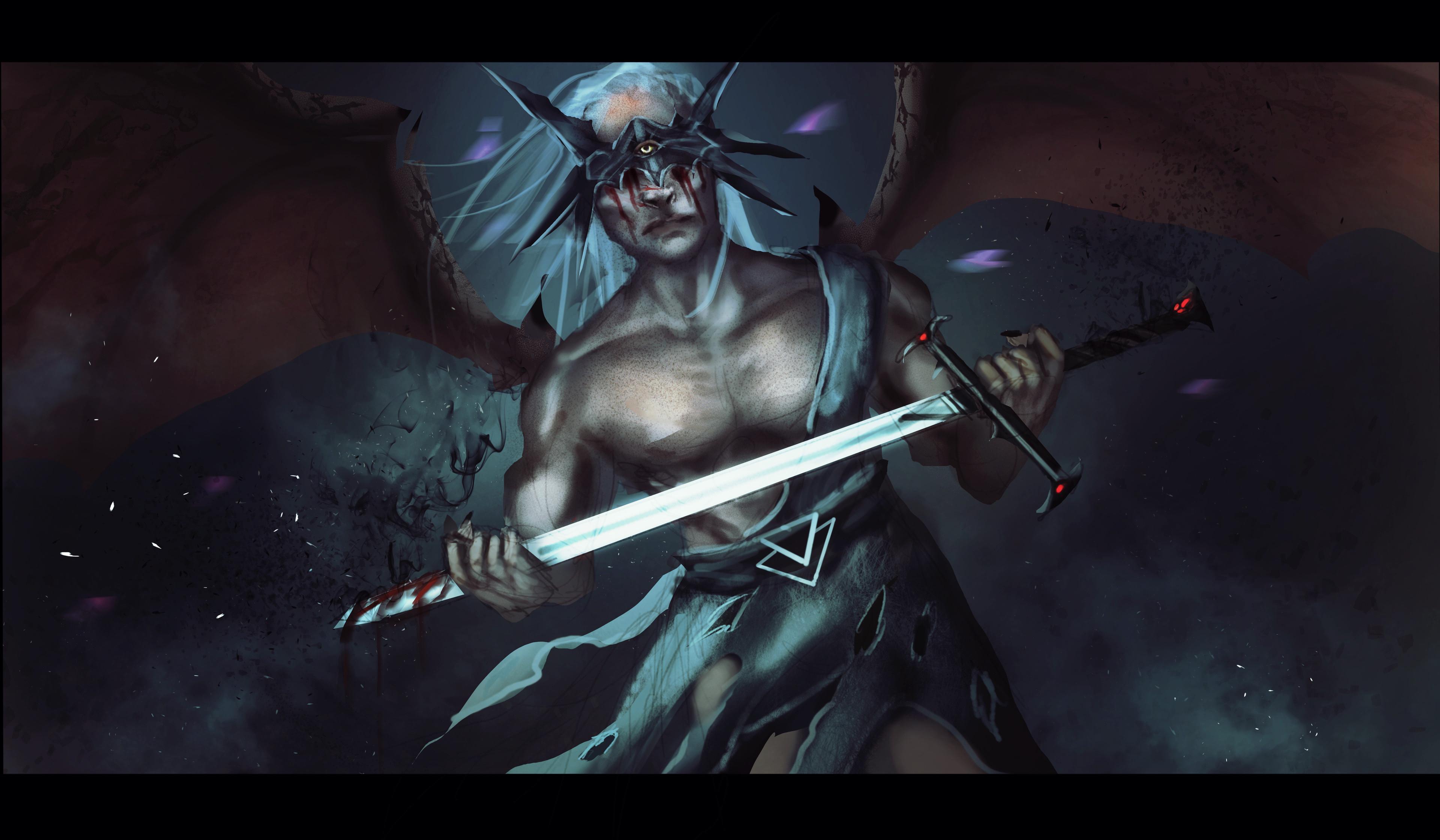 Fantasy and sci-fi concept art of muscular men in spiked armor, leather gear, and golden robes, monsters, and dragons.