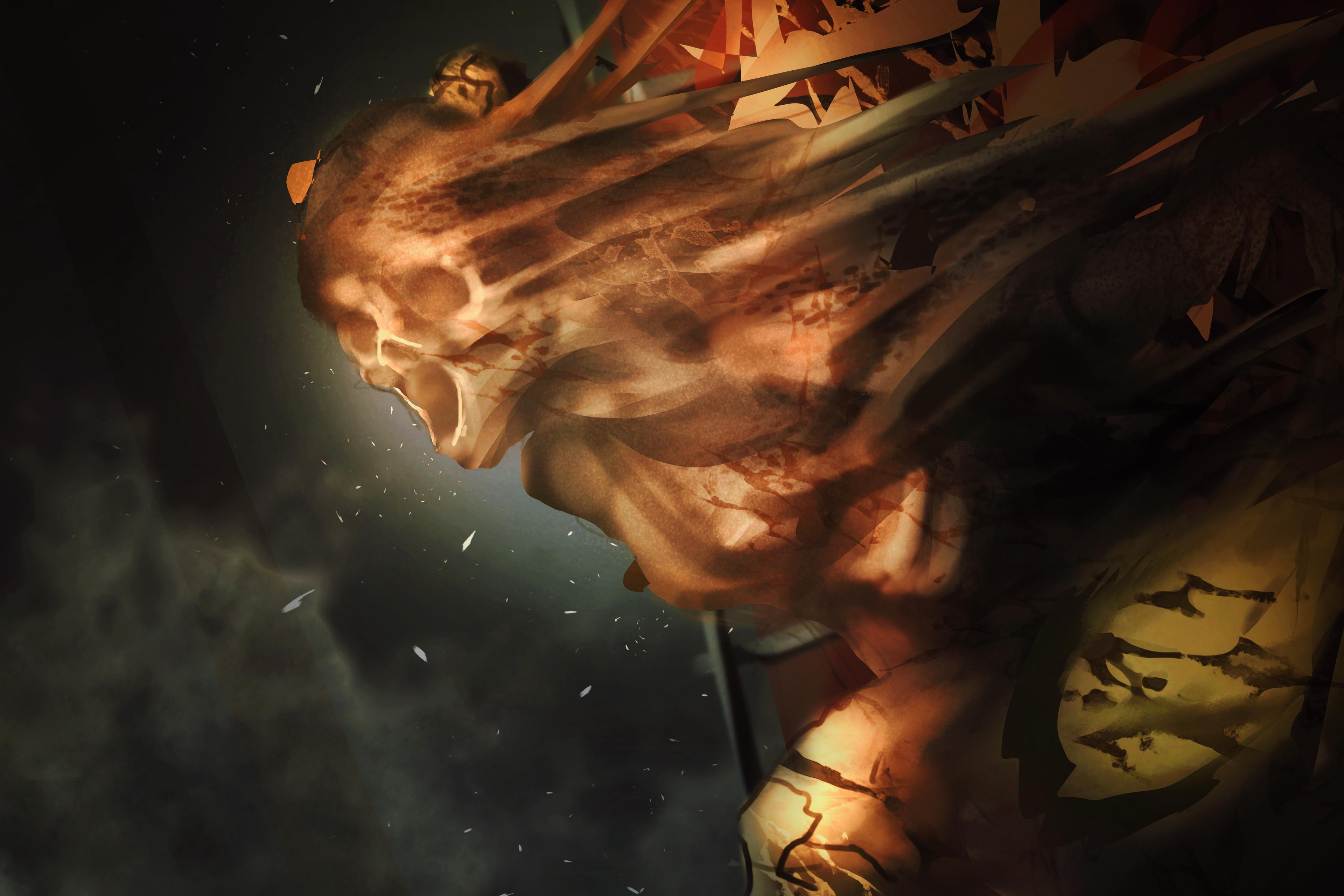 Fantasy and sci-fi concept art of muscular men in spiked armor, leather gear, and golden robes, monsters, and dragons.