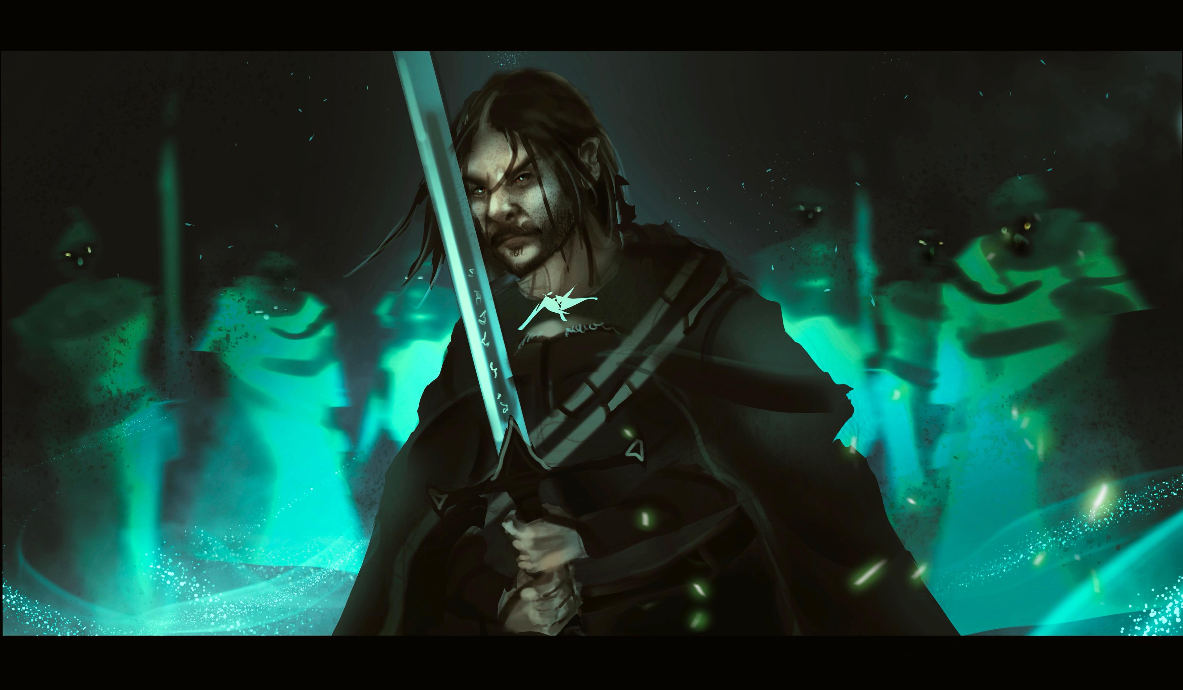 Fantasy and sci-fi concept art of muscular men in spiked armor, leather gear, and golden robes, monsters, and dragons.