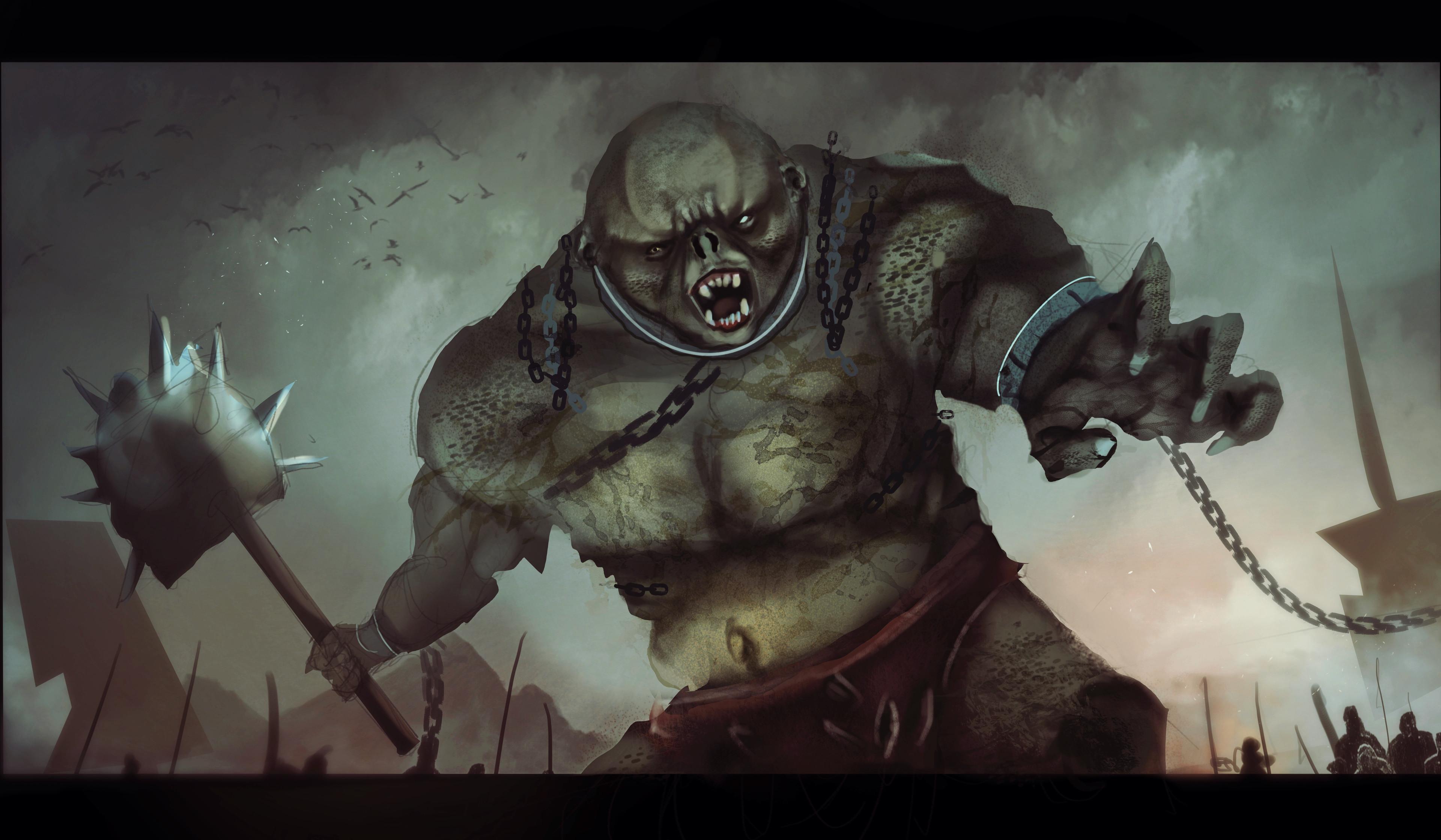 Fantasy and sci-fi concept art of muscular men in spiked armor, leather gear, and golden robes, monsters, and dragons.