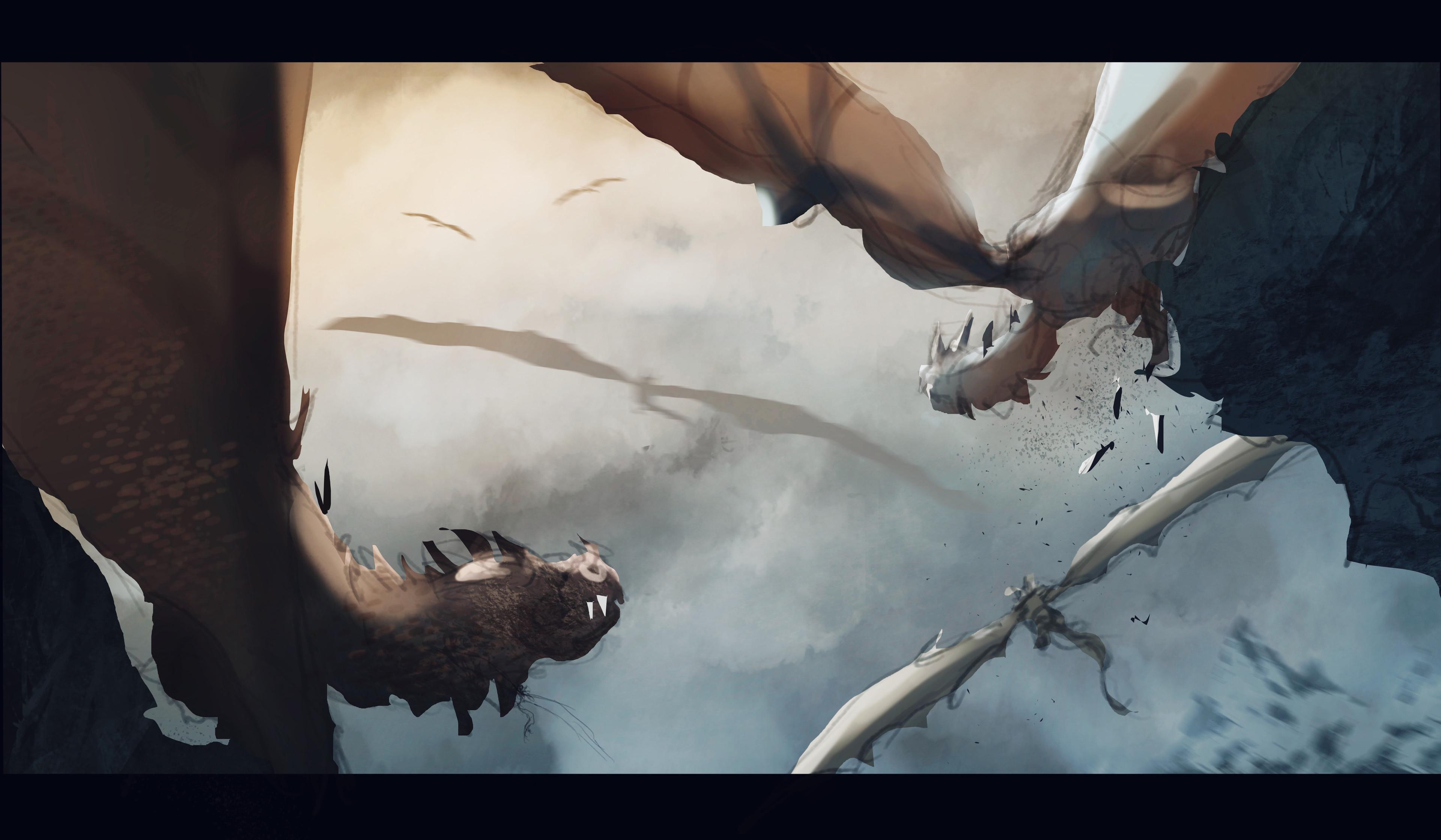 Fantasy and sci-fi concept art of muscular men in spiked armor, leather gear, and golden robes, monsters, and dragons.