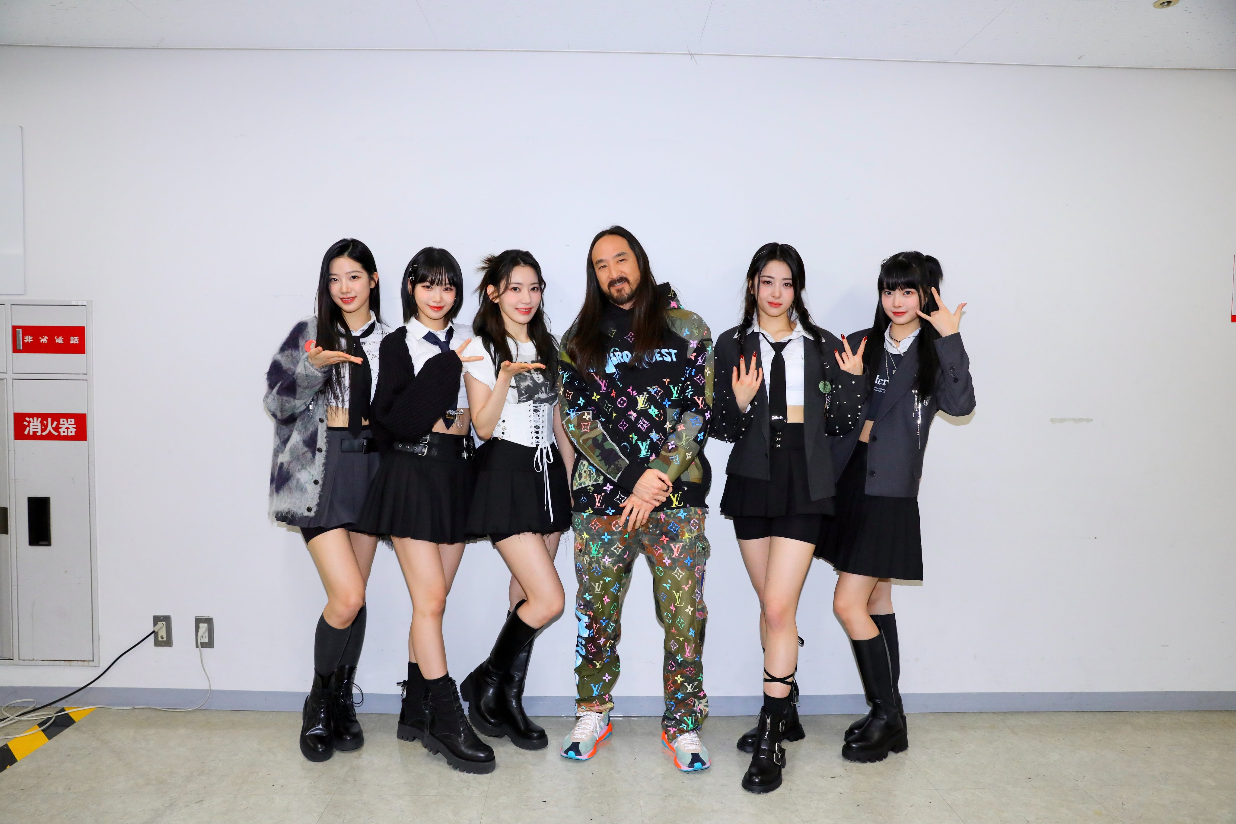 LE SSERAFIM members including Miyawaki Sakura and Kim Chaewon with Steve Aoki and THE CHAINSMOKERS in streetwear