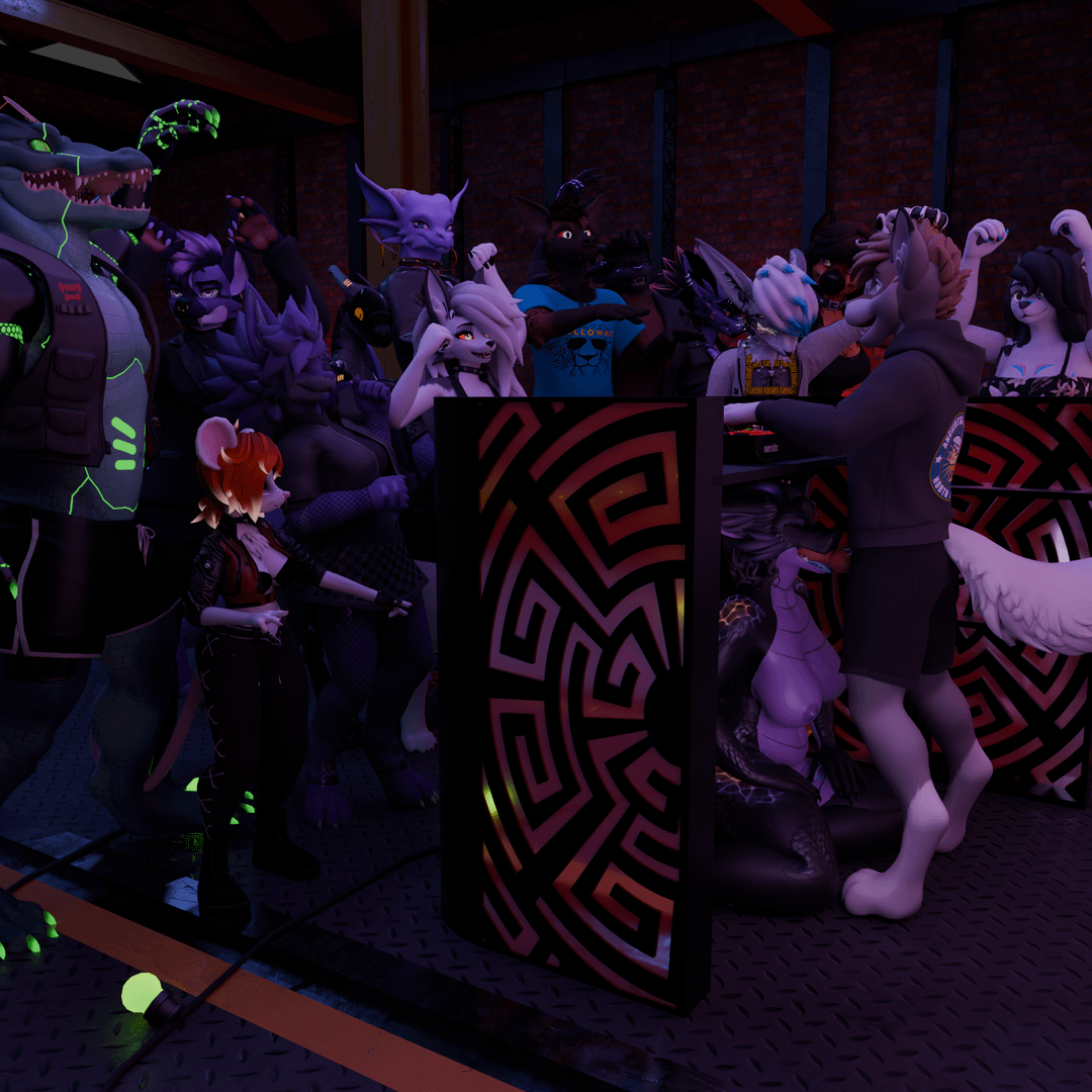 Furry anthropomorphic group including Volgon in a futuristic club, featuring various colorful animal characters.