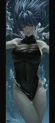 Ouro_94 from Hololive with long blue hair in a black one-piece swimsuit standing underwater
