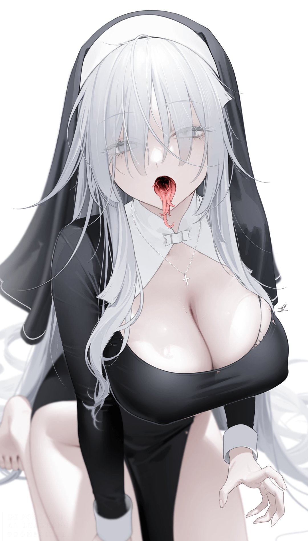 Fancy from Azur Lane in a provocative nun outfit with long white hair and tongue out