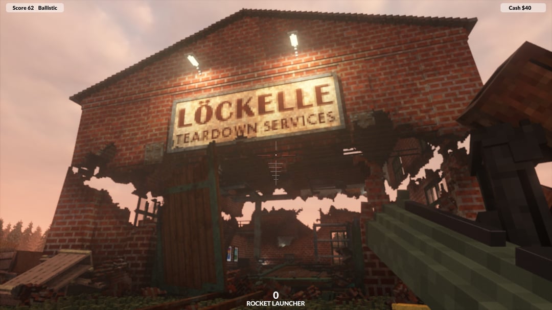 Teardown gameplay screenshot of a rocket launcher pointed at a brick building with a LÖCKELLE TEARDOWN SERVICES sign