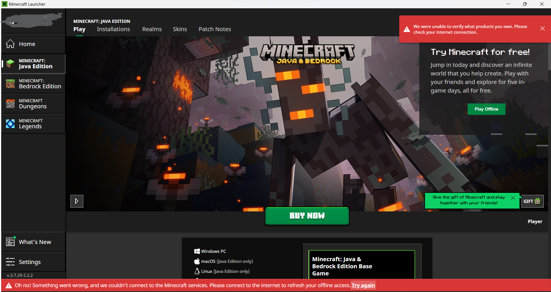 Launcher is saying I'm offline though I'm connected. Tried restarting ...