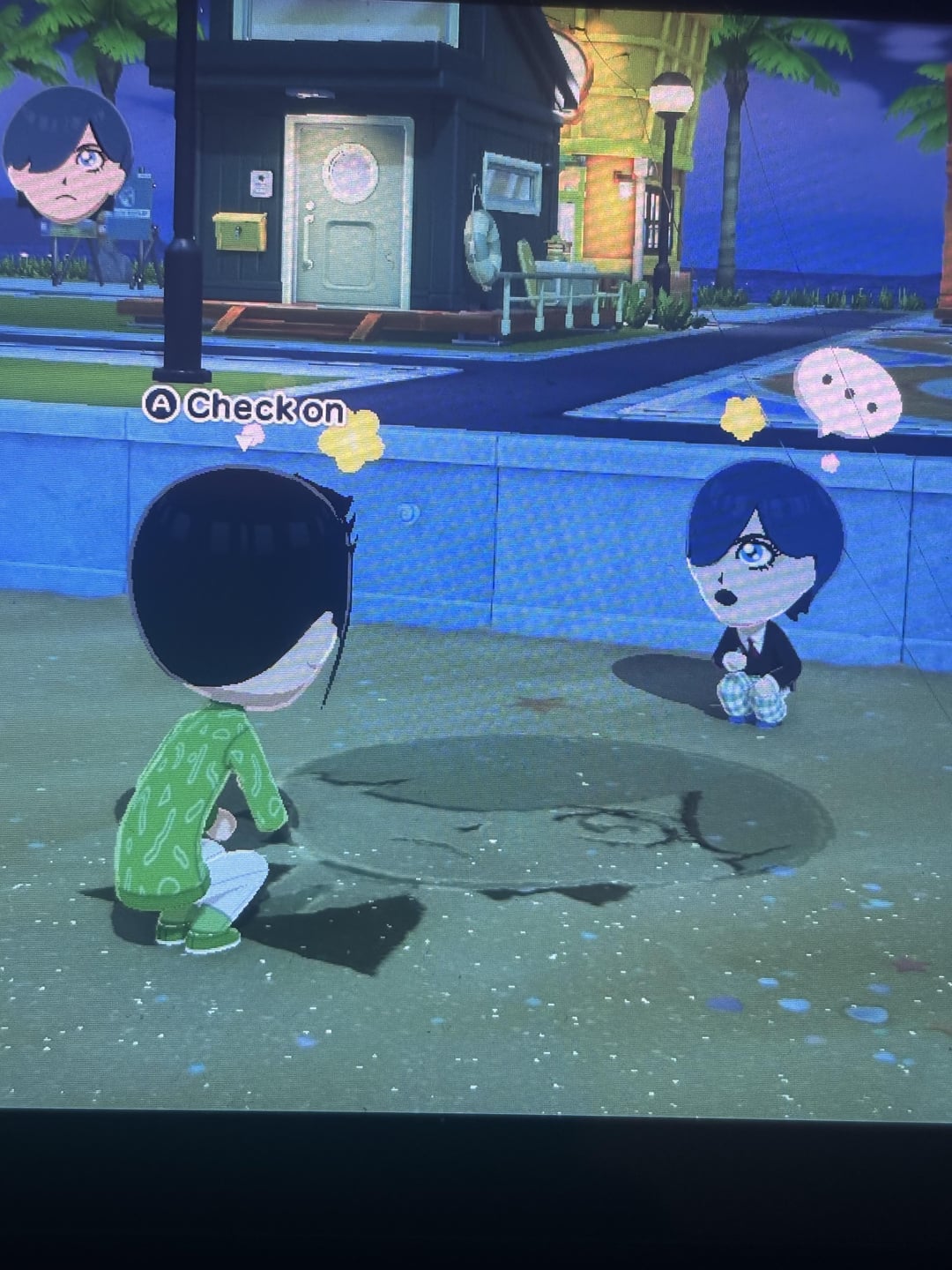 Sebby and Ciel from Black Butler as stylized characters in Tomodachi Life on a beach at night