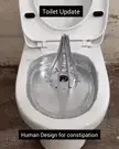 Cursed meme of a person using a modified toilet with a metal whisk attachment to break up a brown object from a bottle.