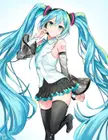 Femboy as Hatsune Miku in a white sleeveless top, black pleated mini skirt, and thigh-high stockings