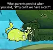 Funny cat meme showing a cartoon cat destroying furniture, curtains, and a car.