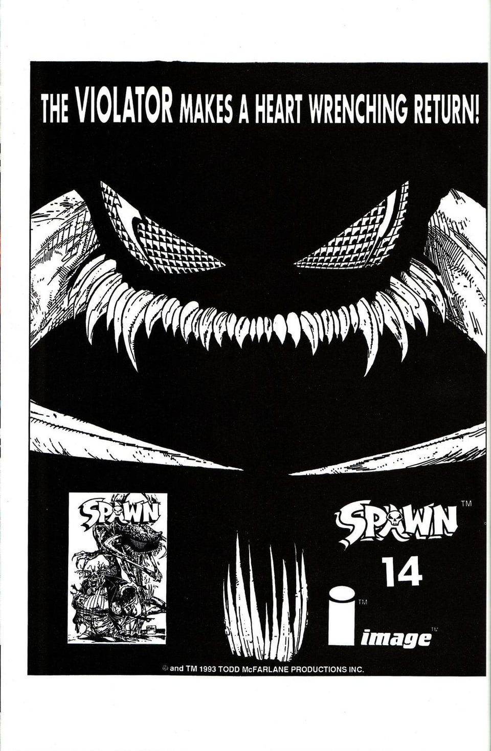 Black and white Spawn comic book ad featuring the monstrous face of The Violator with sharp teeth.